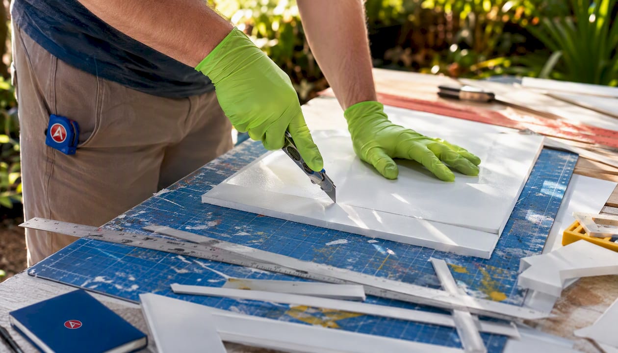 Hands cutting PVC foam board with utility knife