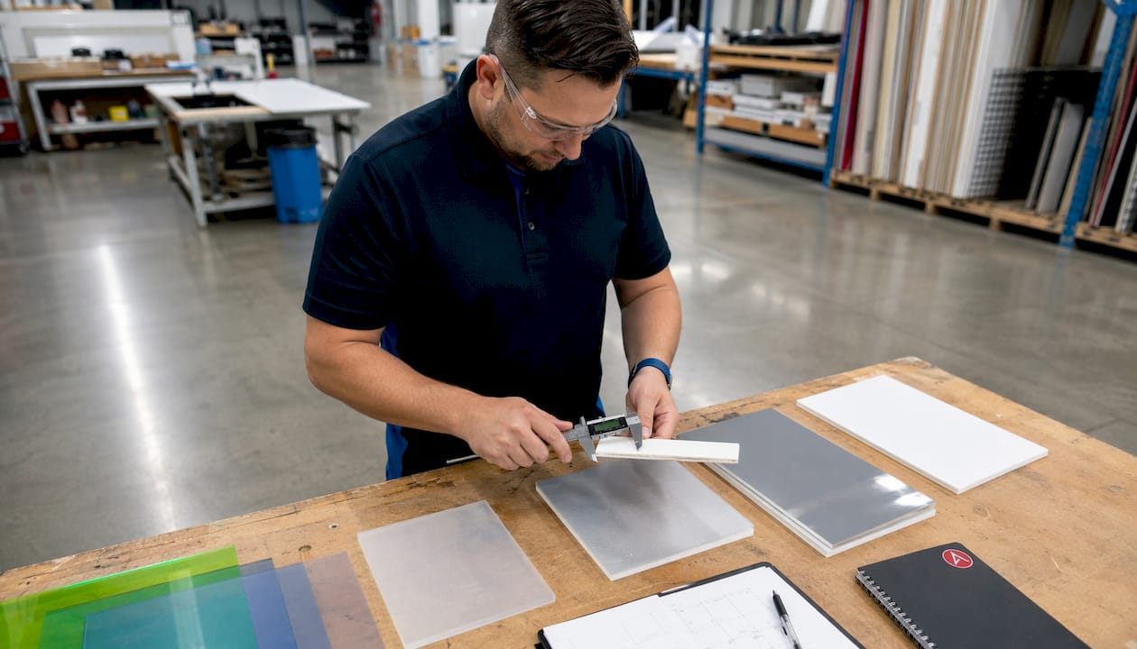 Sign fabricator examining rigid sign substrate samples