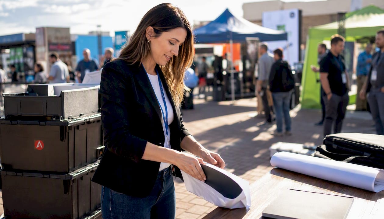 Exhibitor unpacking booth materials early