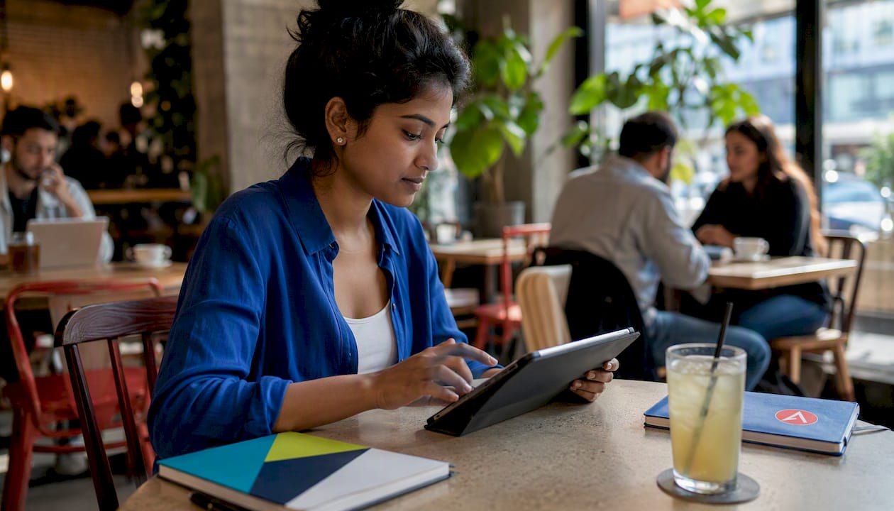 Woman using digital asset management system