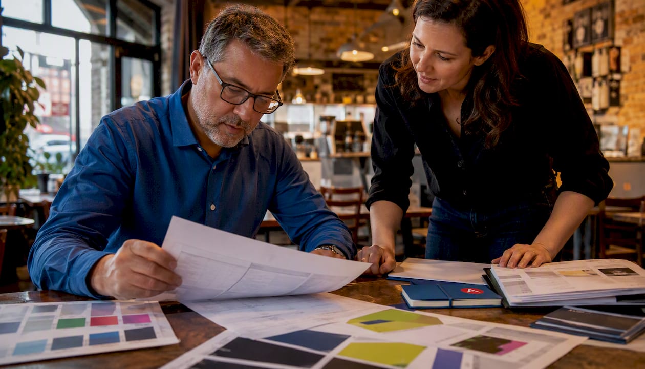 Print shop staff reviewing preflight report