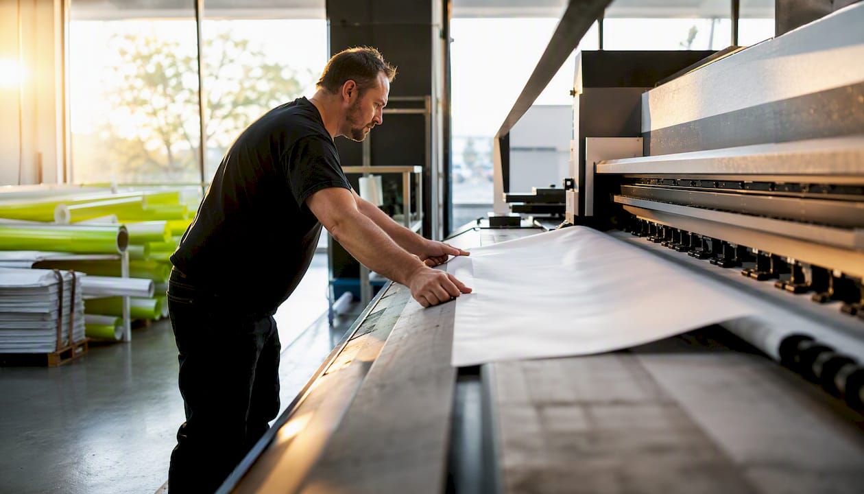 Press operator adjusting signage material on printer
