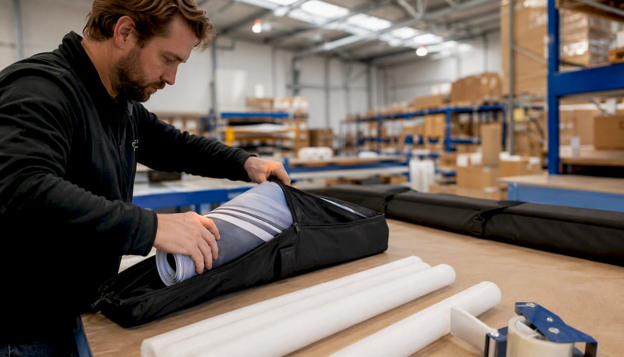 Hands rolling fabric display into lightweight carry bag