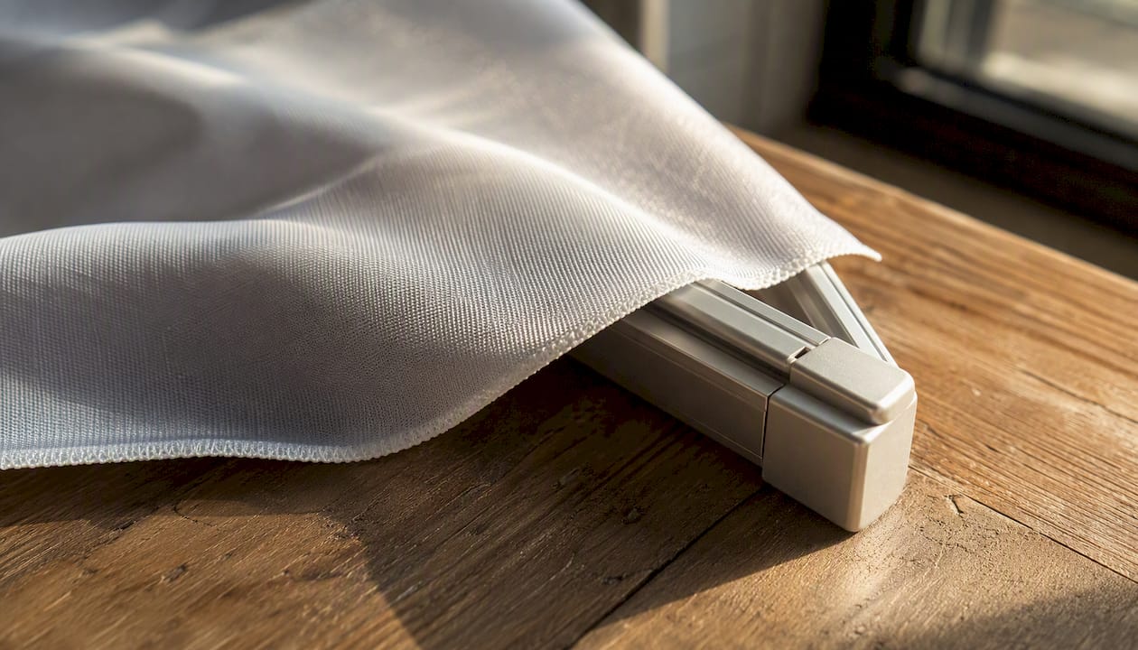 Close-up of rollable fabric display and frame detail