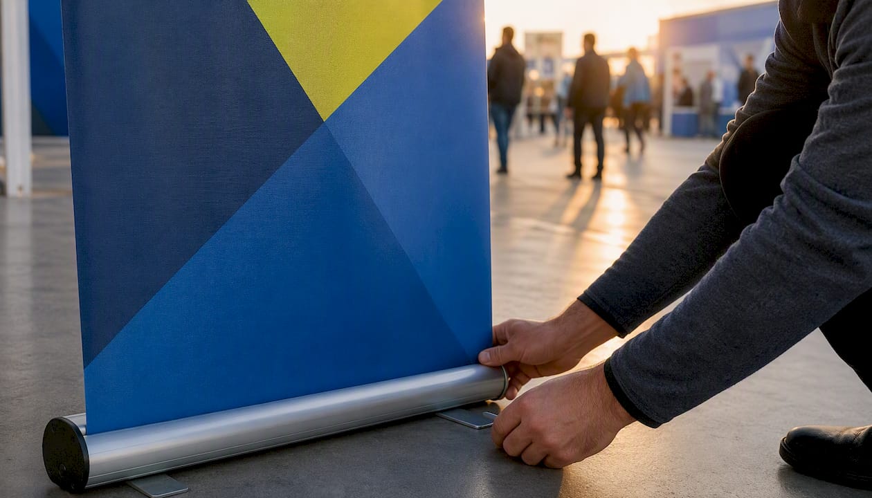 Hand pulling up retractable banner at trade show booth