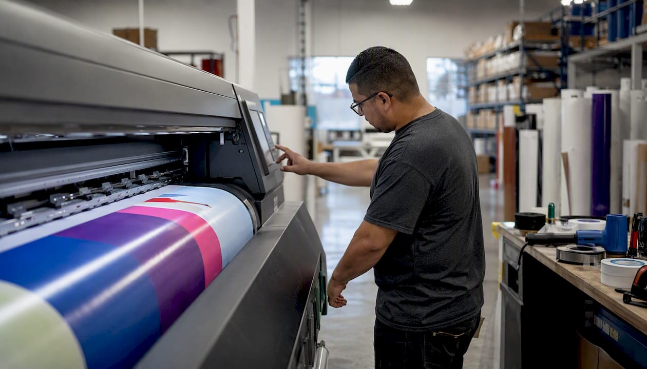Technician adjusting large-format printer producing event banner
