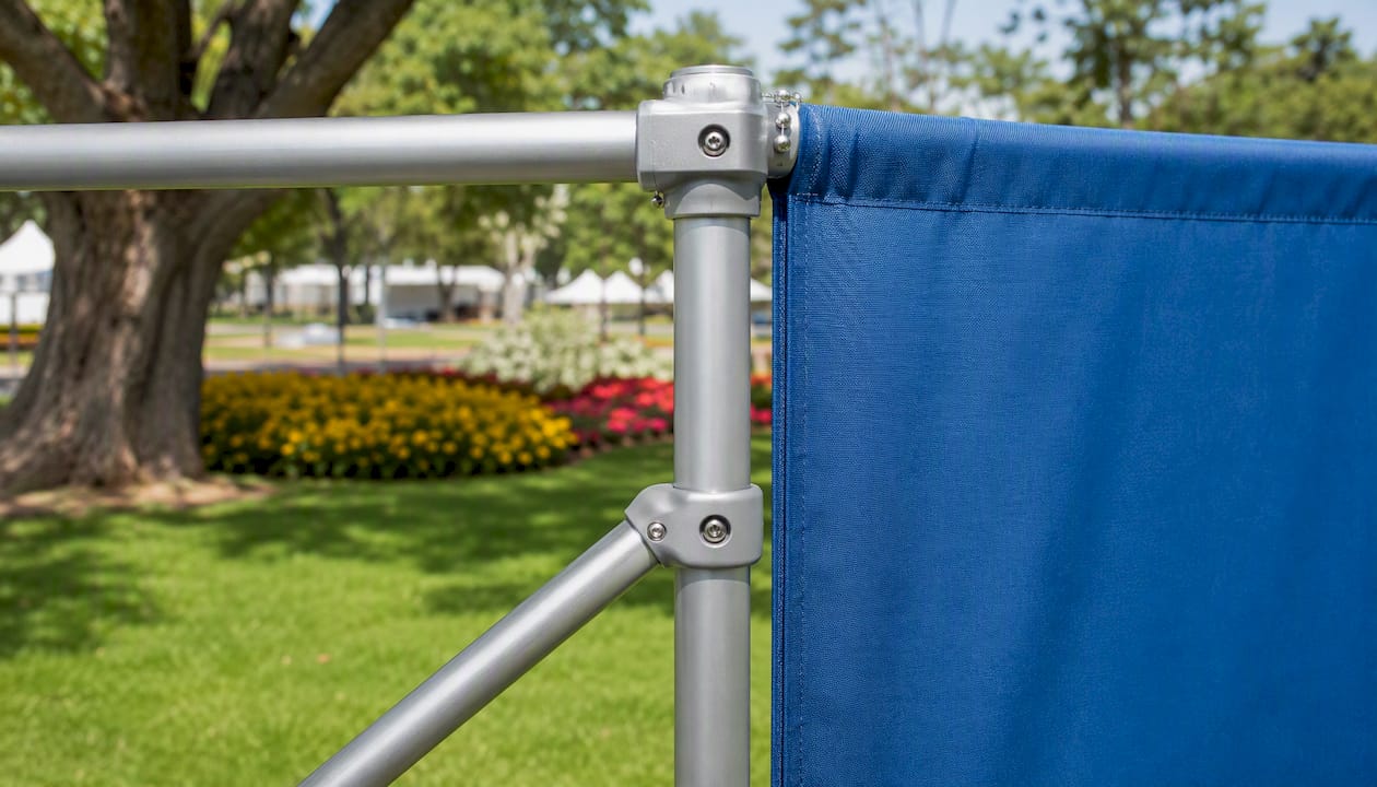 Partially assembled outdoor banner frame