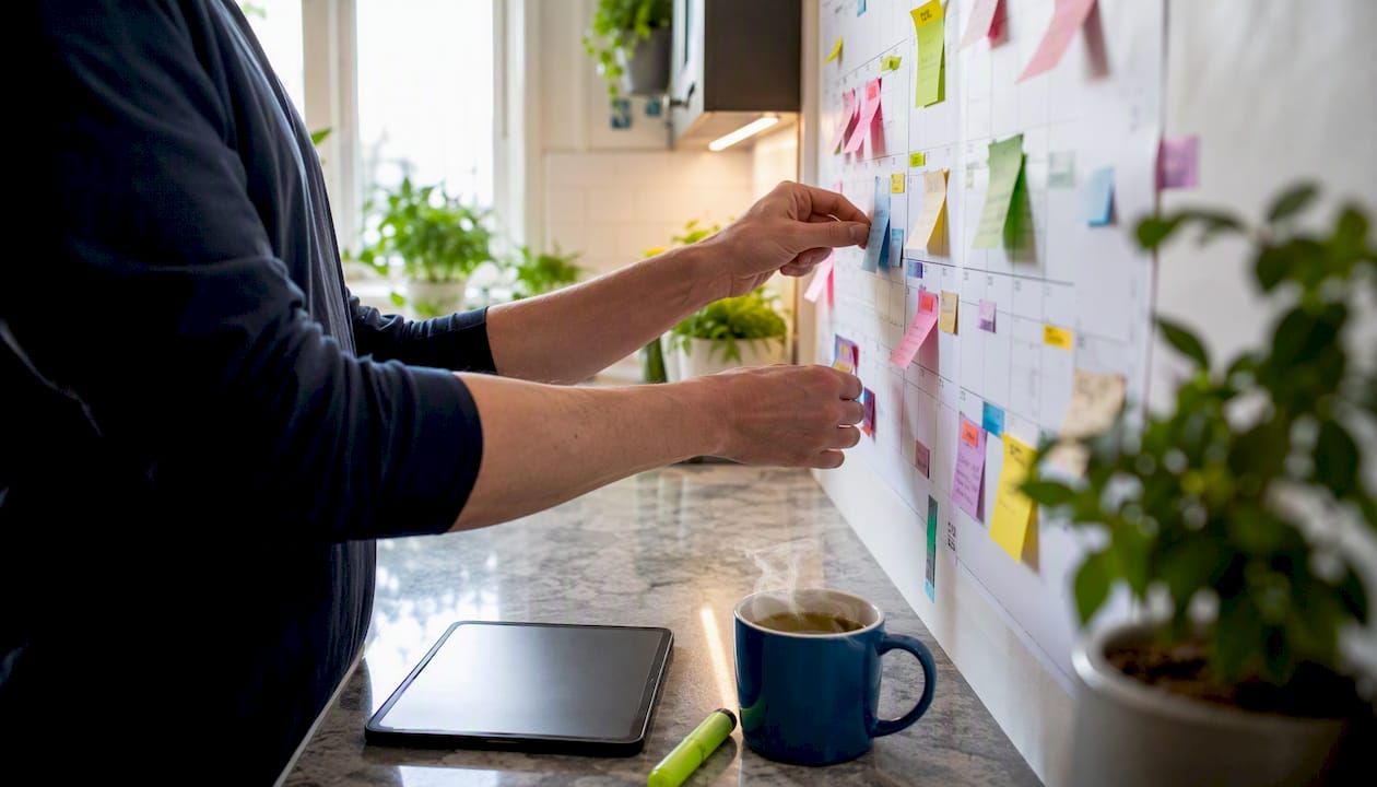 Hands placing deadline flags on calendar