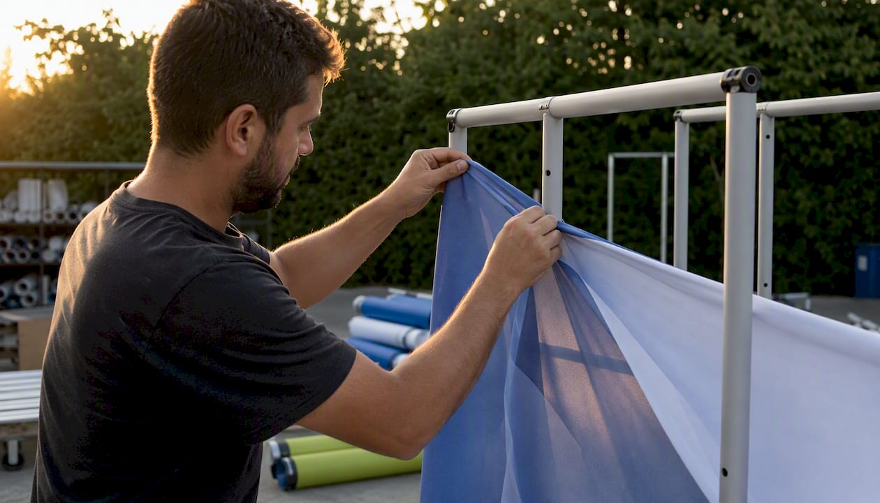 Hands attaching fabric graphic to display frame