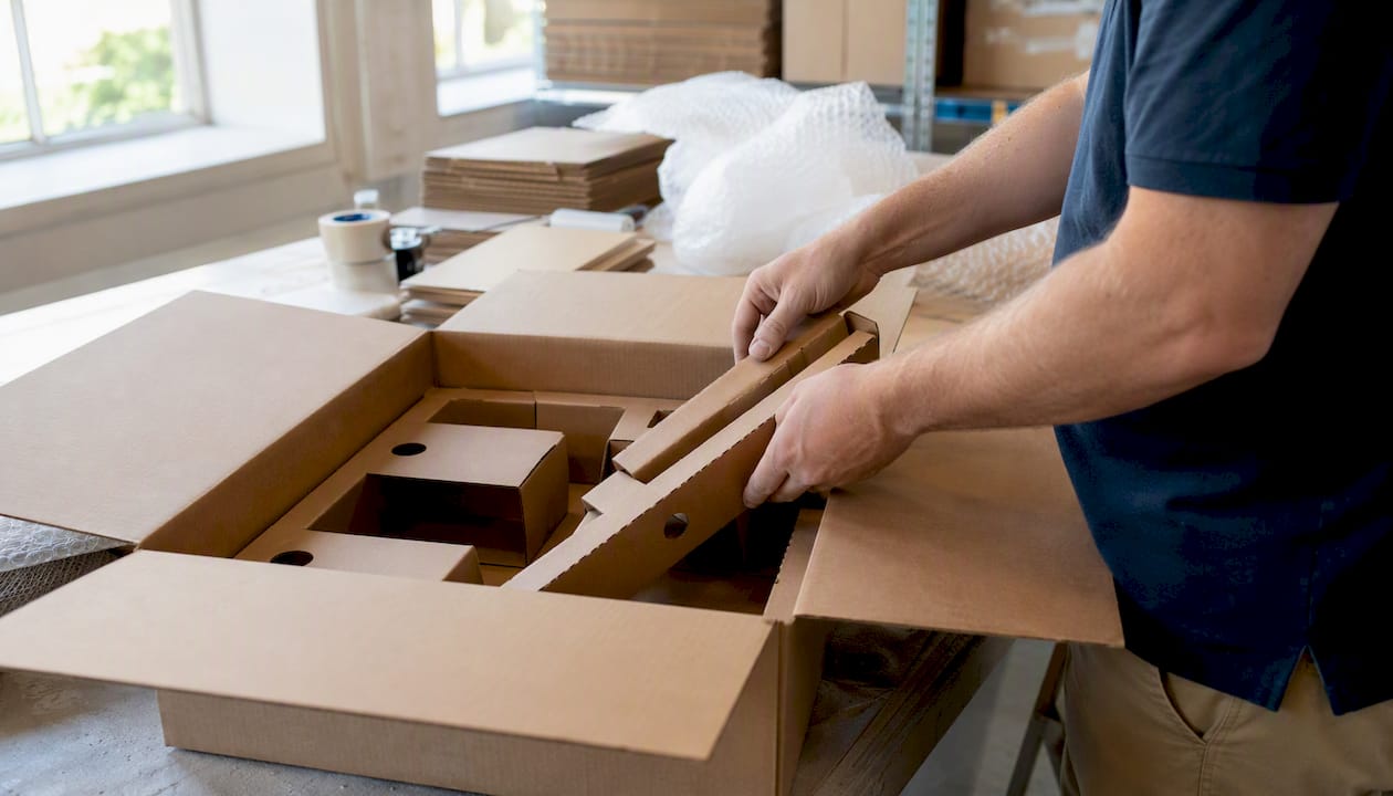 Hands placing packaging inserts in shipping box