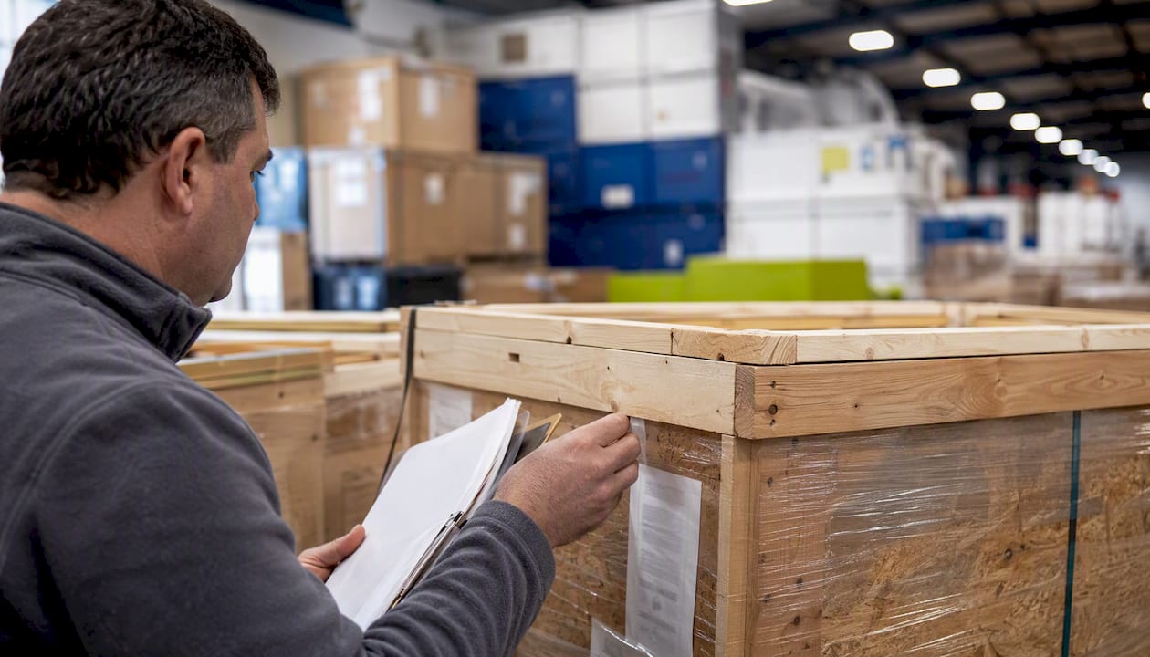 Hands checking shipping crates labels at trade show
