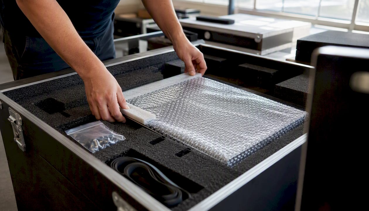 Hands packing monitor with bubble wrap