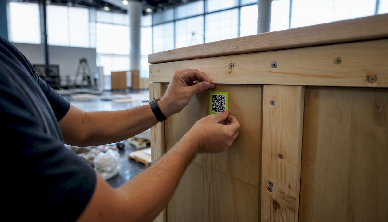 Hand applying QR code label on crate