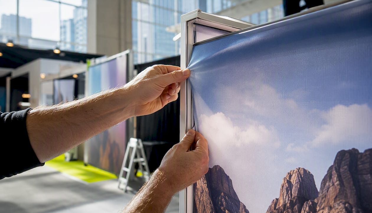 Hands assembling SEG fabric lightbox frame corner