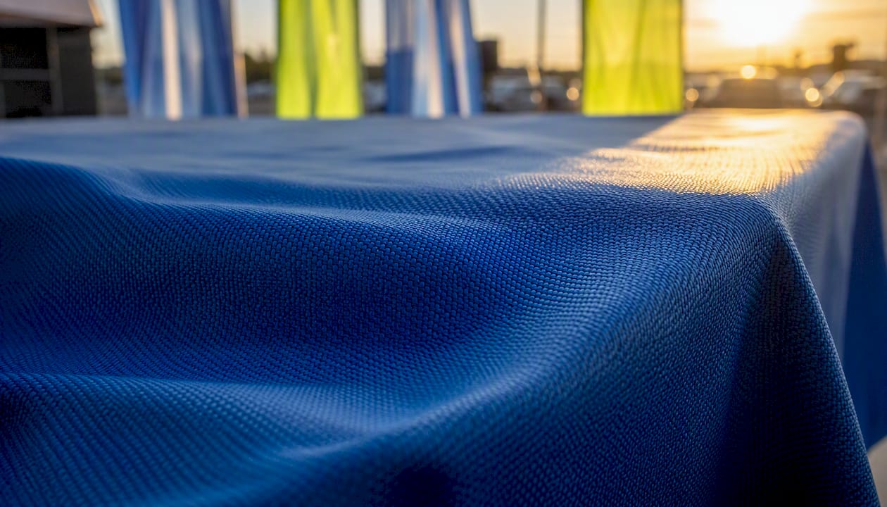 Close-up woven polyester fabric texture on table cover