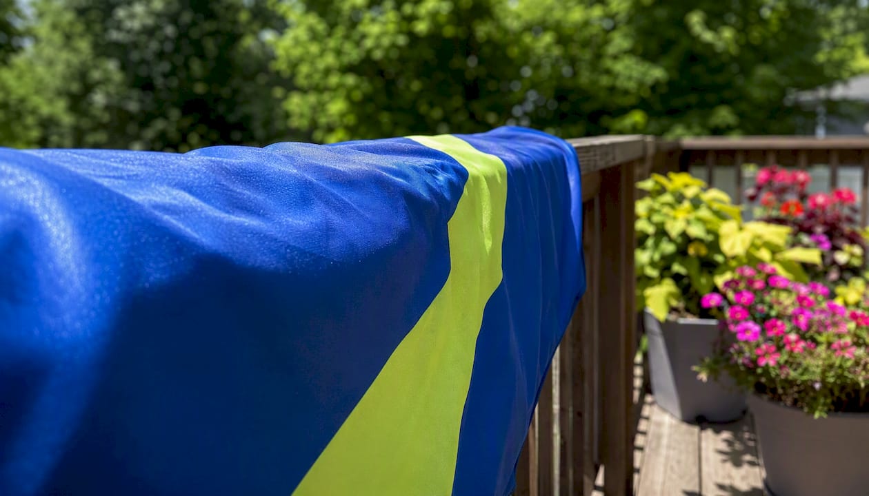 Trade show table cover air drying after wash