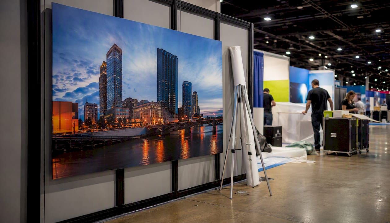 Mounted print panel displayed in trade show booth