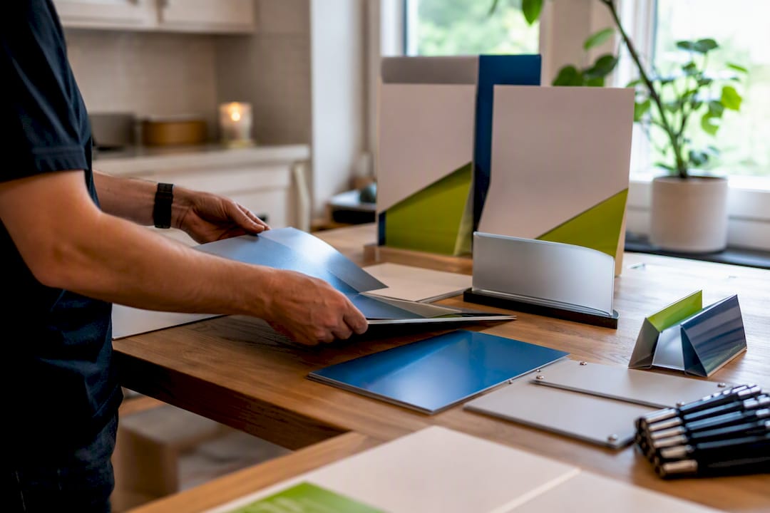 Hands organizing marketing materials on table