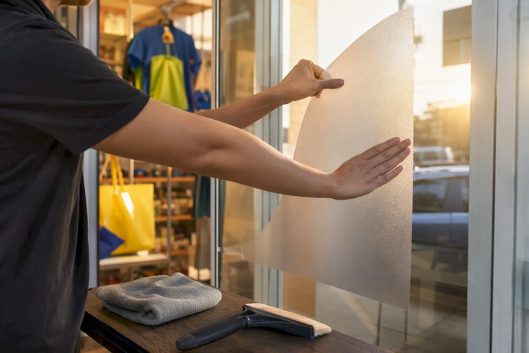 Hands applying window cling to glass door