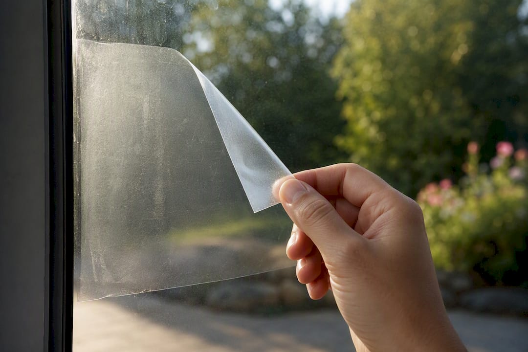 Close-up of vinyl window cling on glass