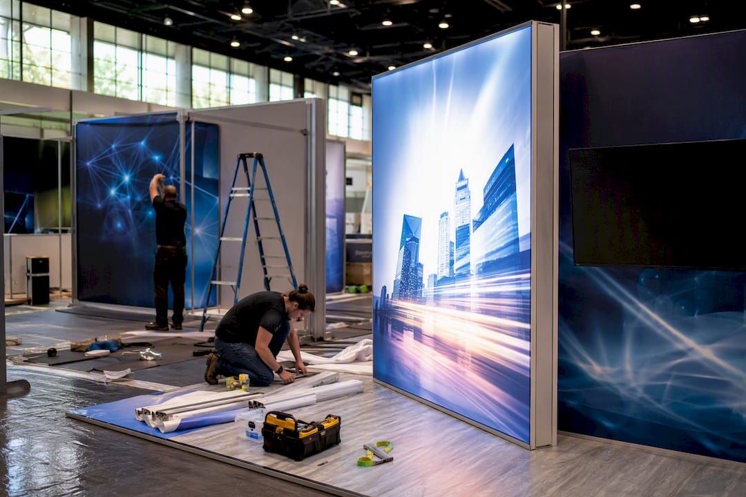 Close-up of illuminated trade show signage and materials
