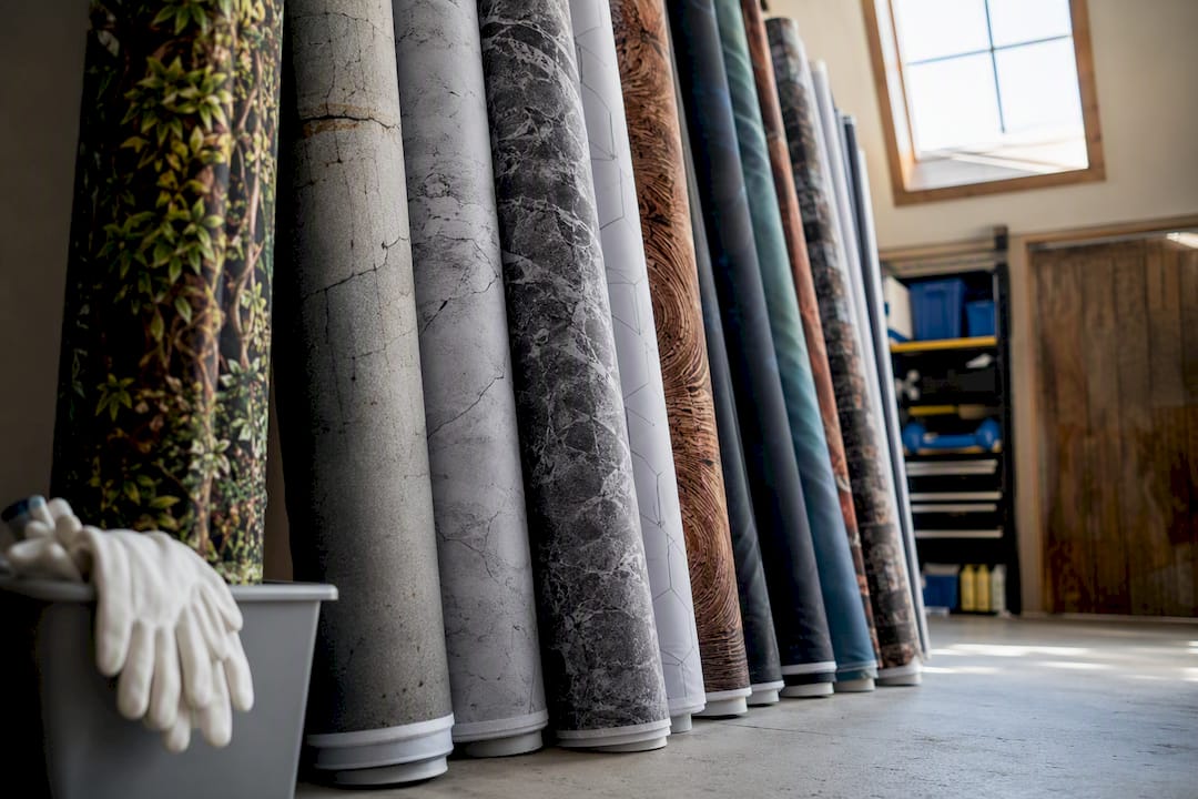 Rolled fabric tent backdrops stored indoors