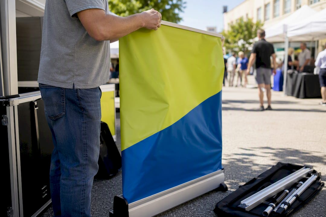 Hands pulling up retractable banner stand