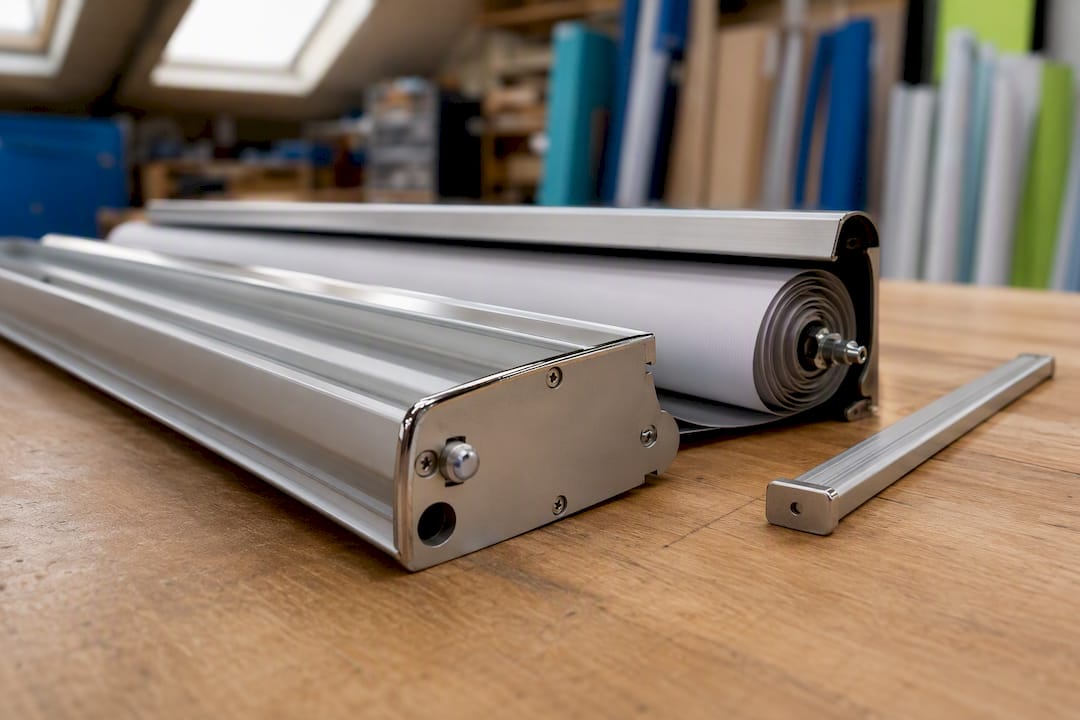 Close-up of retractable banner hardware components