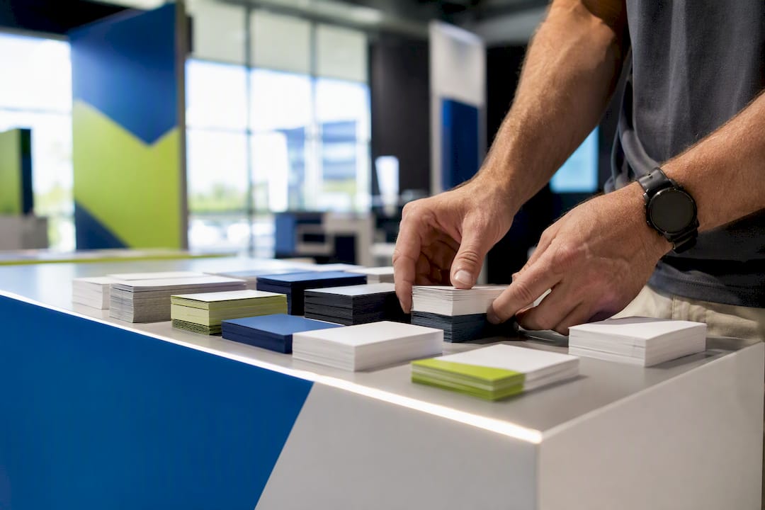 Hands sorting business cards at a trade show booth
