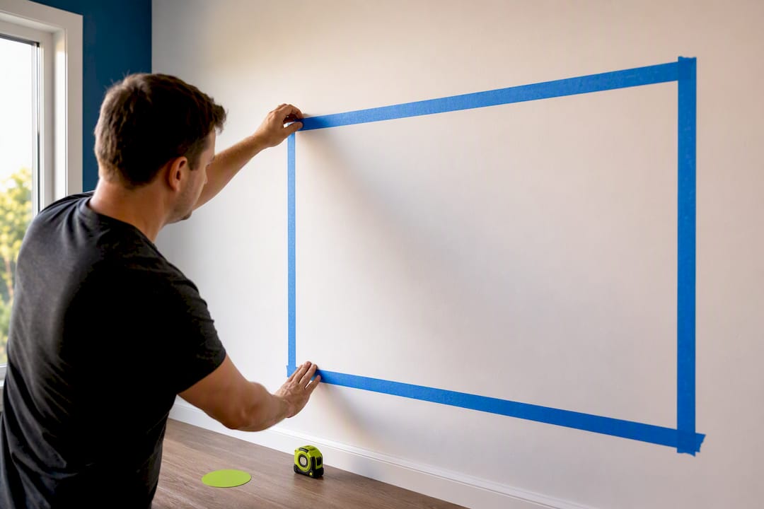 Painter tape outlining banner visible window