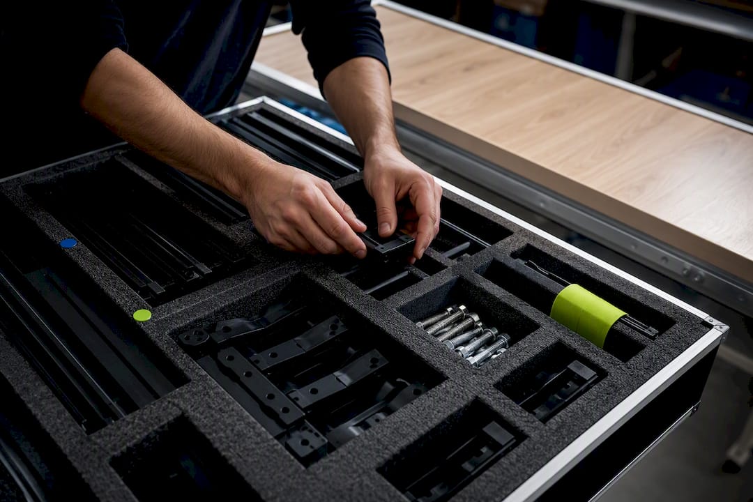 Exhibit hardware organized in foam compartments