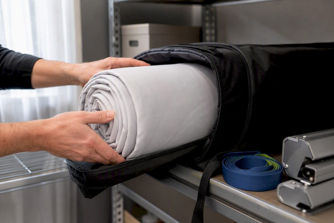 Rolled fabric backdrop in storage case
