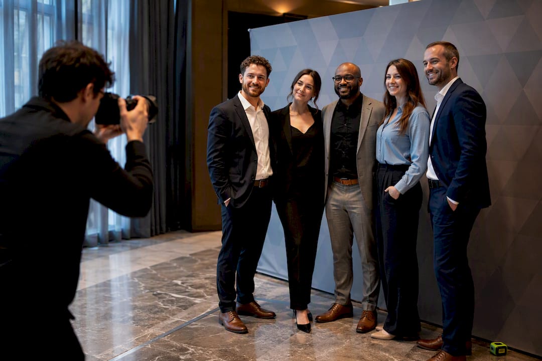 Photographer framing group beside backdrop