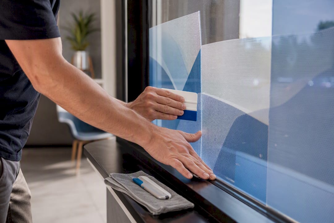 Installer applying perforated window vinyl