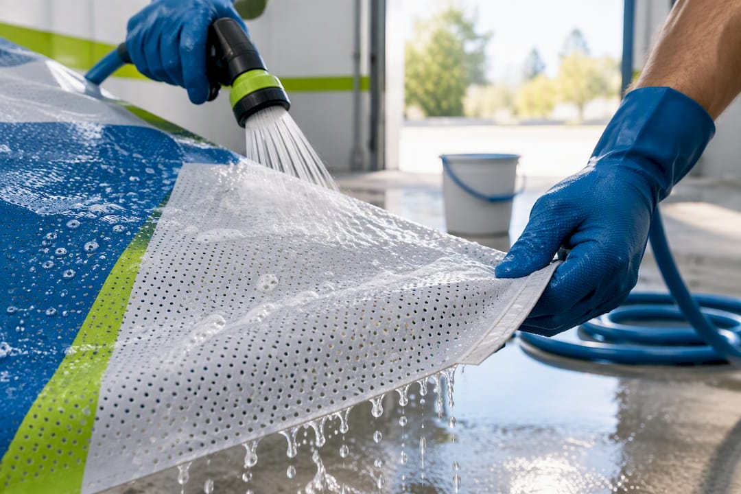 Worker rinsing banner material outdoors