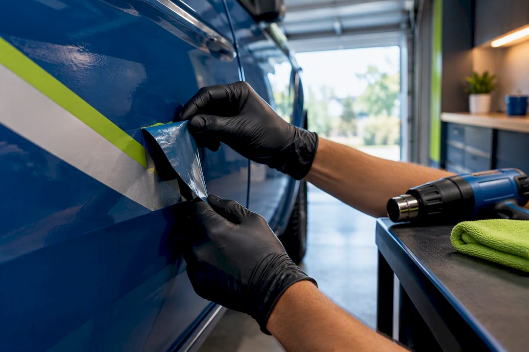 Hands peeling vinyl from a painted truck panel
