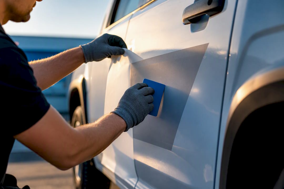 Installer applying lettering to truck door
