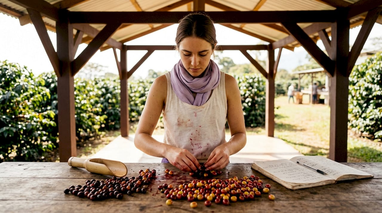 Worker sorting imperfect coffee cherries