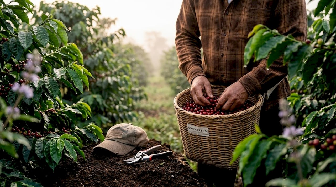 Farmer hand-picking ripe coffee cherries