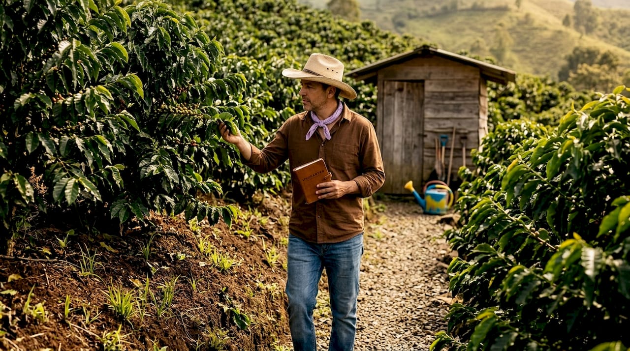 Farmer examining coffee plants on hillside