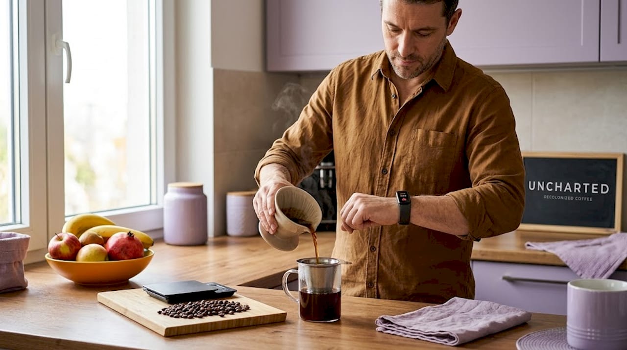Man pouring coffee in bright kitchen