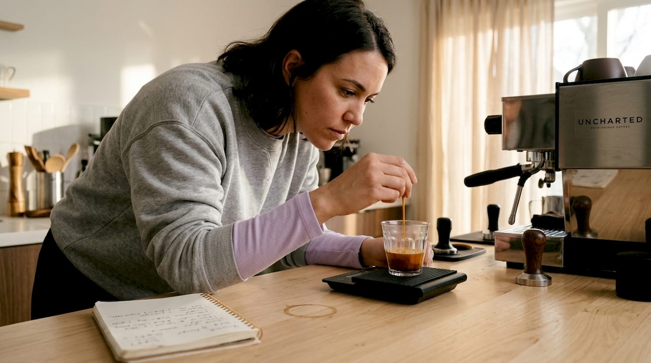 Woman times espresso extraction in kitchen