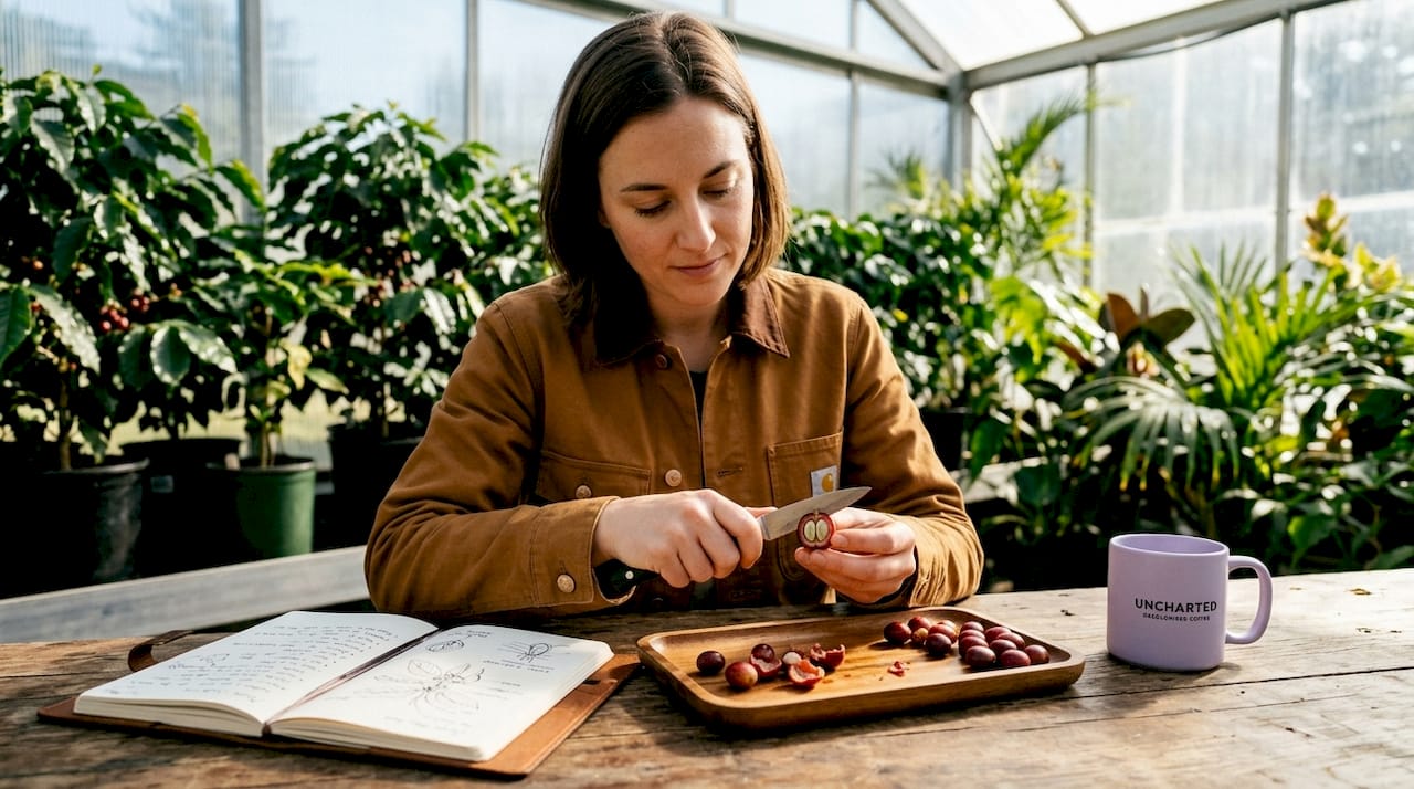 Scientist slicing coffee cherry to show layers