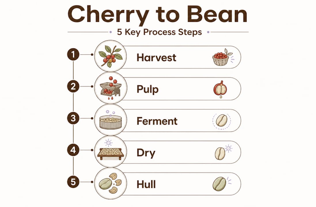 Infographic of coffee cherry to bean process steps