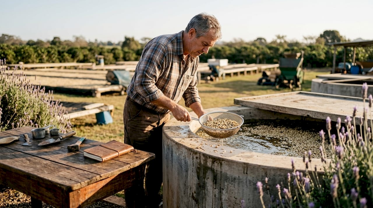 Farmer processing coffee beans in fermentation tank