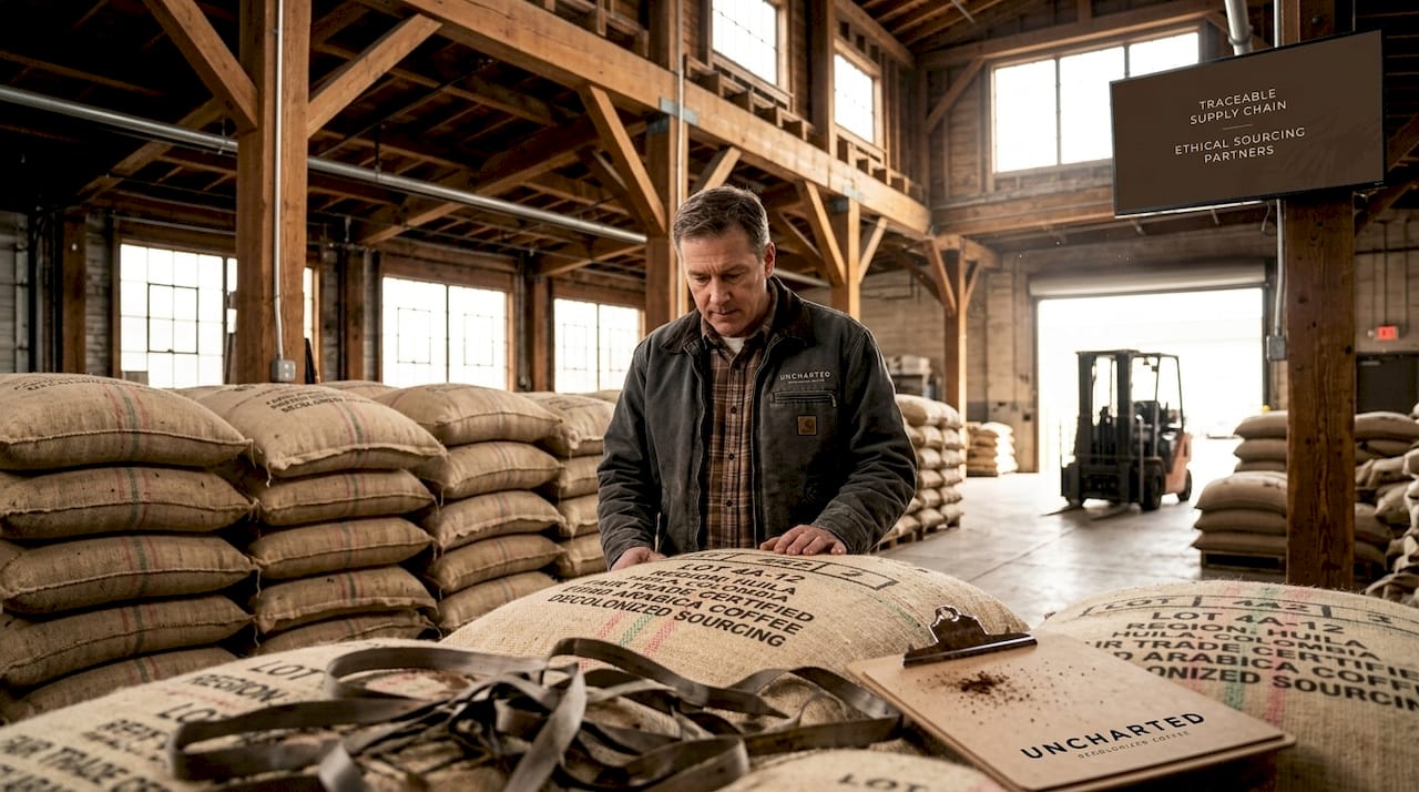 Manager checking coffee sacks in warehouse