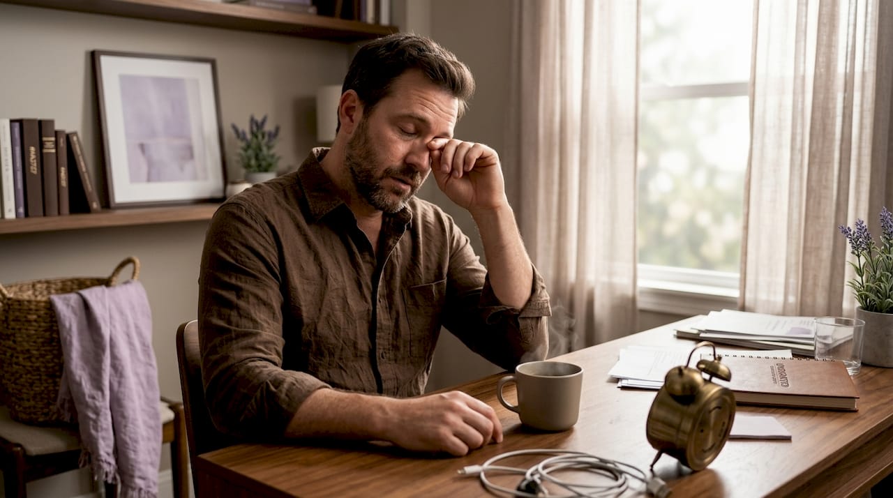 Tired man at desk with morning coffee