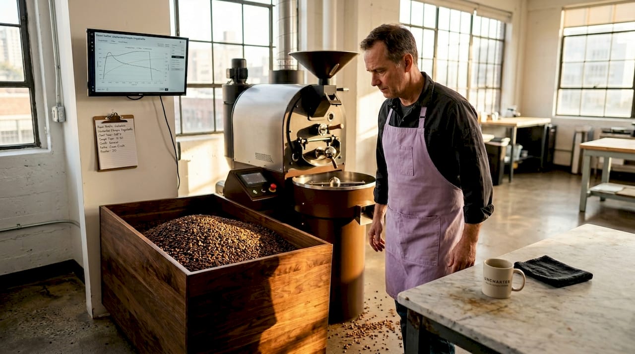 Coffee roaster monitors machine in workspace