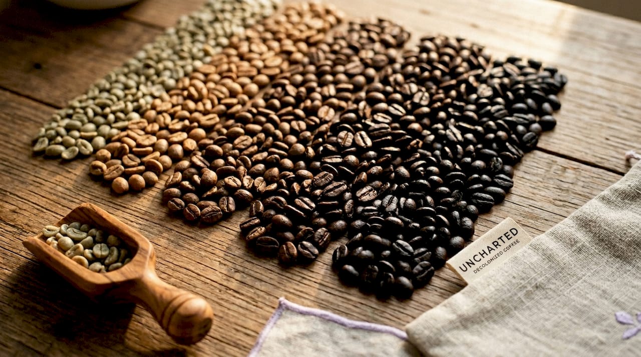 Close-up of coffee beans in roasting stages
