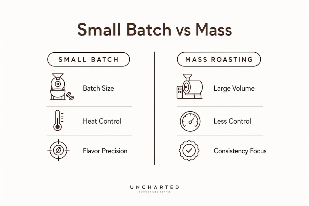 Infographic comparing small batch and mass roasting